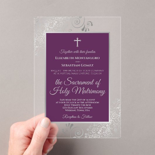 Elegant Plum Purple & Silver Catholic Wedding アクリル招待状 (インサイチュ (ポータブル))