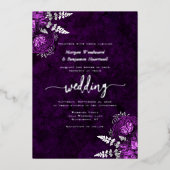 Elegant Plum Purple Silver Floral Wedding 箔招待状 (正面)