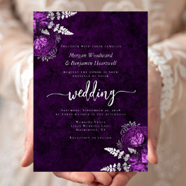 Elegant Plum Purple Silver Floral Wedding 箔招待状
