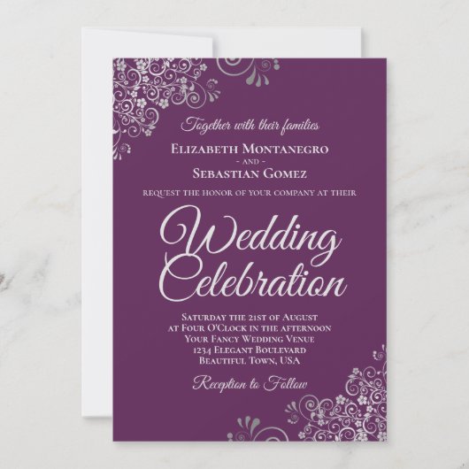 Elegant Plum Purple & Silver QR Code Wedding 招待状 (正面)