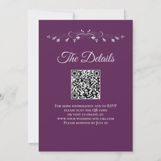 Elegant Plum Purple & Silver QR Code Wedding 招待状 (裏面)