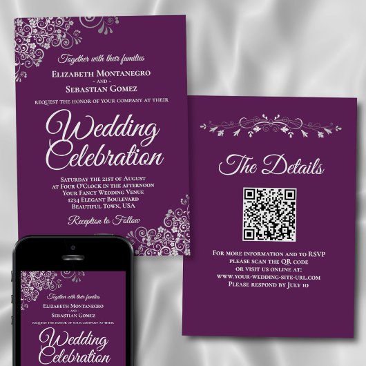 Elegant Plum Purple & Silver QR Code Wedding 招待状