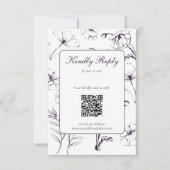 Elegant PlumPurple Floral Line Art QR Code Wedding 出欠カード (正面)