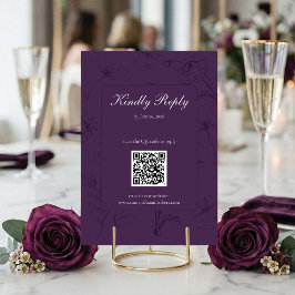Elegant PlumPurple Floral Line Art QR Code Wedding 出欠カード