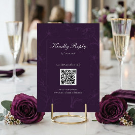 Elegant PlumPurple Floral Line Art QR Code Wedding 出欠カード