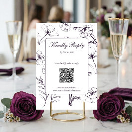 Elegant PlumPurple Floral Line Art QR Code Wedding 出欠カード