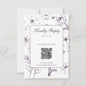 Elegant PlumPurple Floral Line Art QR Code Wedding 出欠カード (正面)