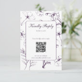 Elegant PlumPurple Floral Line Art QR Code Wedding 出欠カード (スタンド正面)
