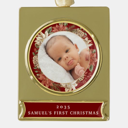 Elegant Poinsettia Baby's First Christmas Photo ゴールドプレートバナーオーナメント (正面)