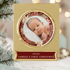 Elegant Poinsettia Baby's First Christmas Photo ゴールドプレートバナーオーナメント