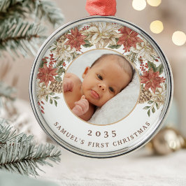 Elegant Poinsettia Baby's First Christmas Photo メタルオーナメント