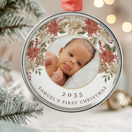 Elegant Poinsettia Baby's First Christmas Photo メタルオーナメント