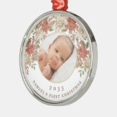 Elegant Poinsettia Baby's First Christmas Photo メタルオーナメント (左)