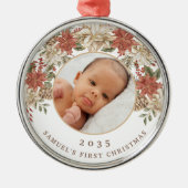 Elegant Poinsettia Baby's First Christmas Photo メタルオーナメント (正面)