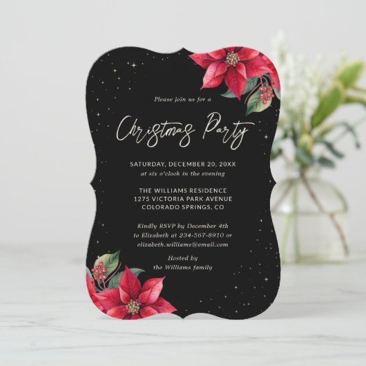 Elegant Poinsettia Black Christmas Party 招待状 (スタンド正面)