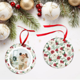 Elegant Poinsettia Border Family Photo Ornament セラミックオーナメント