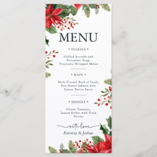 Elegant Poinsettia Christmas Wedding Menu Card メニュー