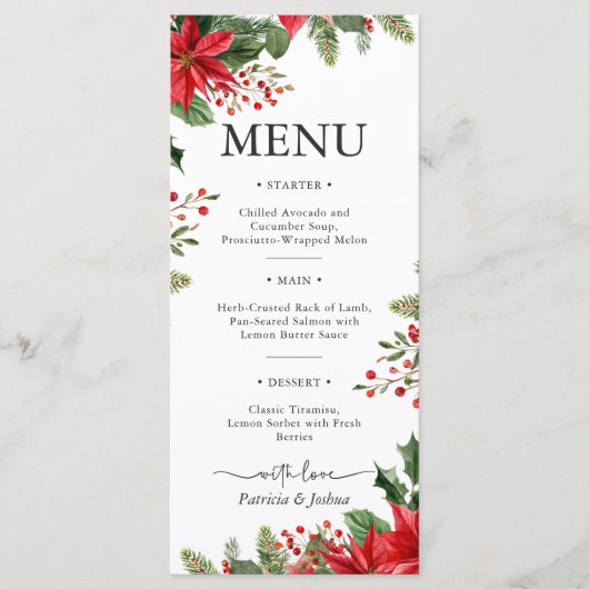 Elegant Poinsettia Christmas Wedding Menu Card メニュー (正面)