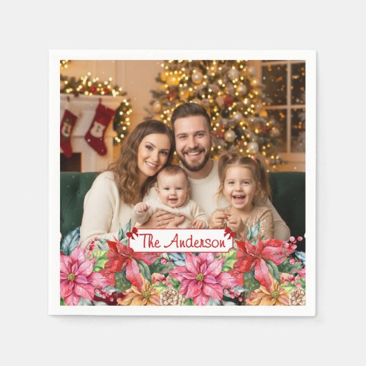 Elegant Poinsettia Floral Border Custom Paper スタンダードカクテルナプキン (正面)