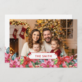Elegant Poinsettia Floral Border Custom Photo  シーズンカード