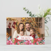 Elegant Poinsettia Floral Border Custom Photo  シーズンカード (スタンド正面)