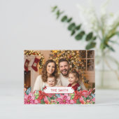 Elegant Poinsettia Floral Border Custom Photo  シーズンポストカード (スタンド正面)