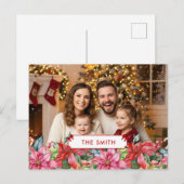 Elegant Poinsettia Floral Border Custom Photo  シーズンポストカード (正面/裏面)