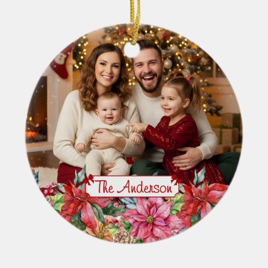 Elegant Poinsettia Floral Border Custom Photo セラミックオーナメント (正面)