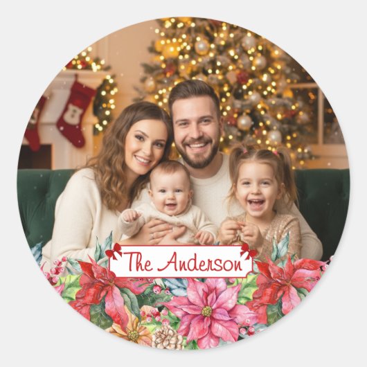 Elegant Poinsettia Floral Border Custom Photo ラウンドシール (正面)