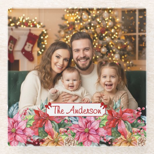 Elegant Poinsettia Floral Border Custom Photos ガラスコースター (正面)