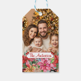 Elegant Poinsettia Floral Border Custom Photos ギフトタグ
