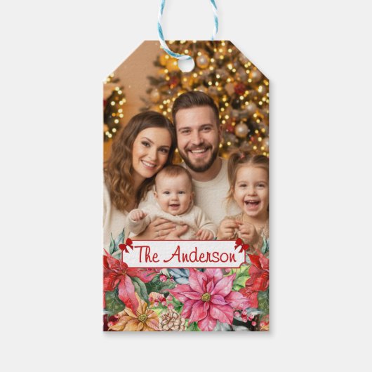 Elegant Poinsettia Floral Border Custom Photos ギフトタグ (正面)