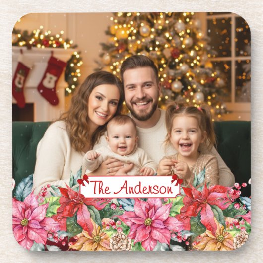 Elegant Poinsettia Floral Border Custom Photos コースター (正面)