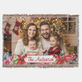 Elegant Poinsettia Floral Border Custom Photos スローブランケット
