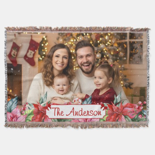 Elegant Poinsettia Floral Border Custom Photos スローブランケット (正面)