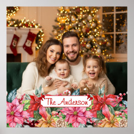 Elegant Poinsettia Floral Border Custom Photos ポスター