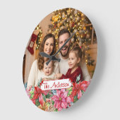 Elegant Poinsettia Floral Border Custom Photos ラージ壁時計 (傾斜)