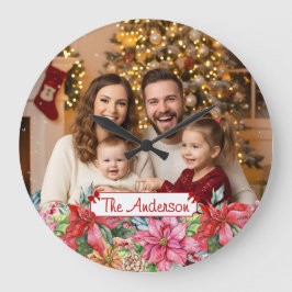 Elegant Poinsettia Floral Border Custom Photos ラージ壁時計