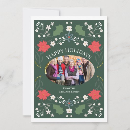 Elegant Poinsettia Folk Art Christmas Photo Card シーズンカード (正面)