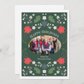 Elegant Poinsettia Folk Art Christmas Photo Card シーズンカード (正面/裏面)