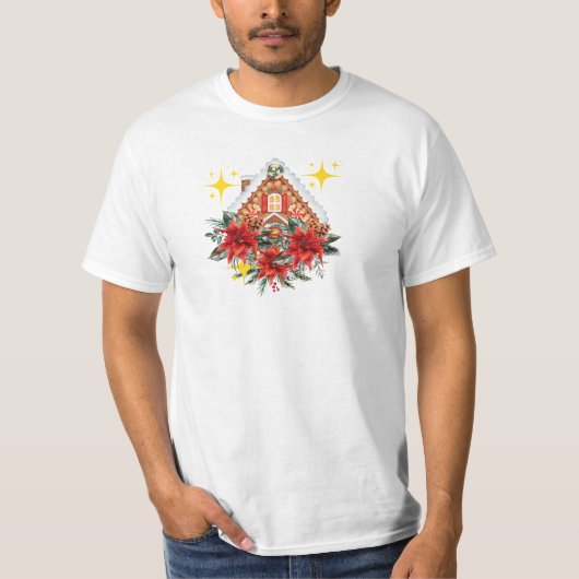 Elegant Poinsettia & Gingerbread House Tシャツ (正面)