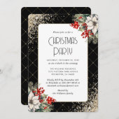 Elegant Poinsettia Holly Berries Christmas Party 招待状 (正面/裏面)