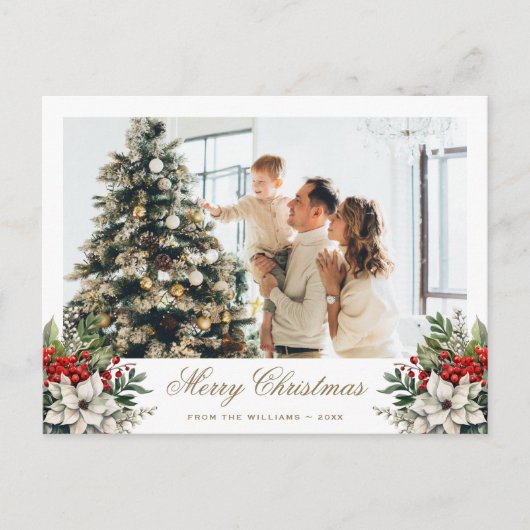 Elegant Poinsettia Holly Red Berries Photo シーズンポストカード (正面)