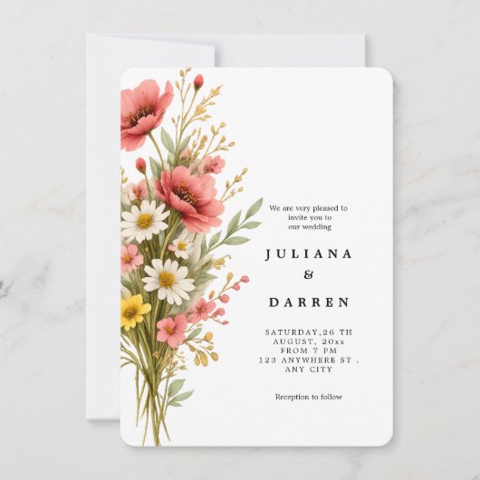 Elegant Poppy Daisy Bouquet Rustic Floral Wedding  招待状 (正面)