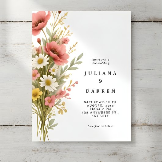 Elegant Poppy Daisy Bouquet Rustic Floral Wedding 招待状