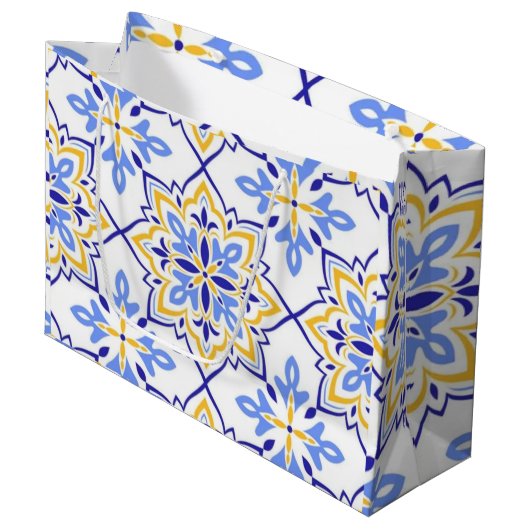 Elegant Portuguese Blue and Gold Mediterranean ラージペーパーバッグ (正面アングル)