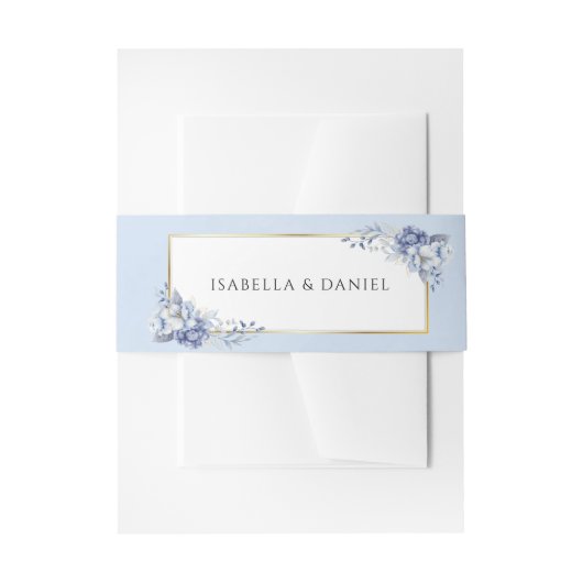 Elegant Powder Blue & Gold Floral Wedding 招待状ベリーバンド (正面例)