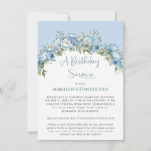 Elegant Powder Blue Peony Floral Birthday Surprise 招待状 (正面)