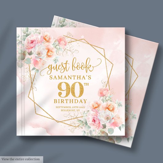 Elegant Powder Pink Gold Flowers 90th Guest Book ゲストブック