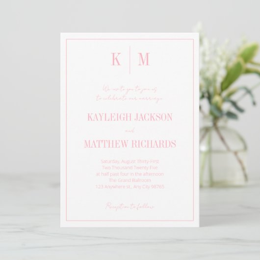 Elegant Powder Pink Monogram Wedding 招待状 (スタンド正面)